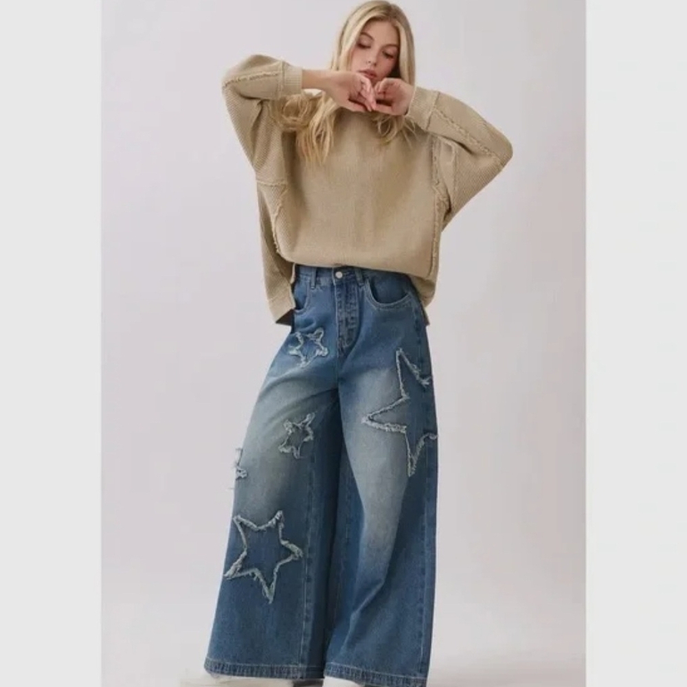Sage + Fig Star Patchwork Wide Leg Jeans | Size Large